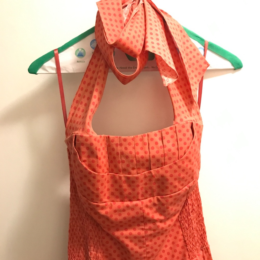 Salmon with Raspberry Polka Dot Swing Dress by Unique Vintage